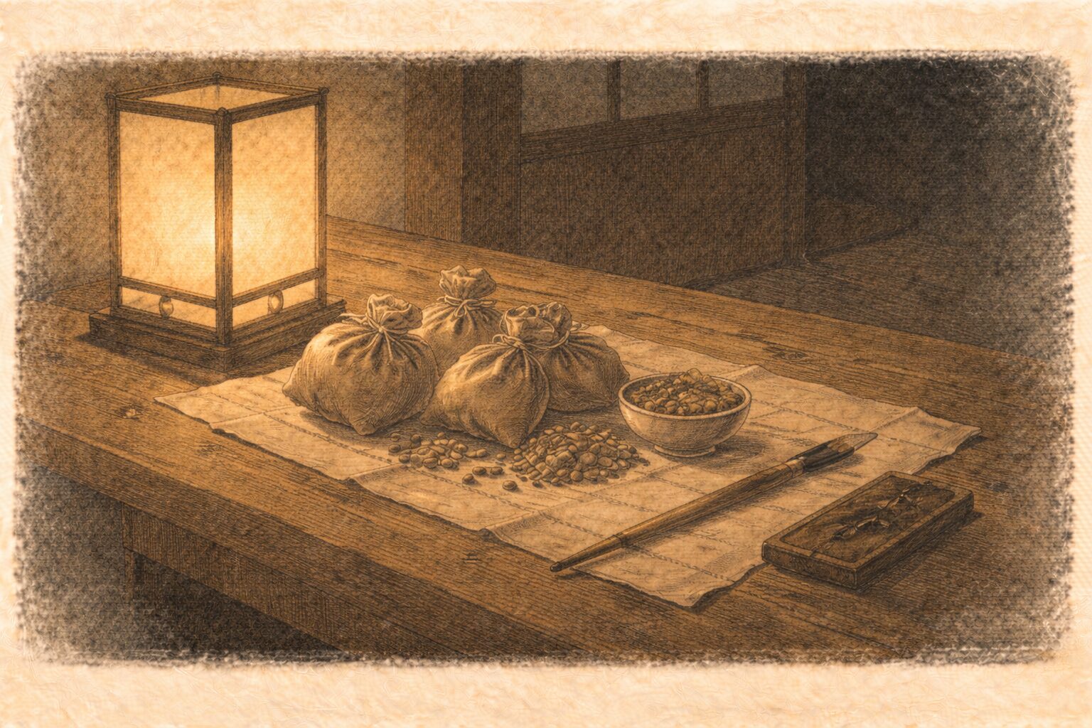 夜の寺の机に広げられた薬袋と筆だけが行灯の明かりに照らされている一場面