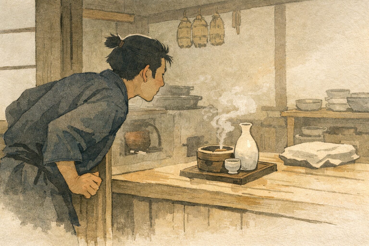 昼の町家の台所口で男が酒の匂いに気づき身を乗り出す一場面