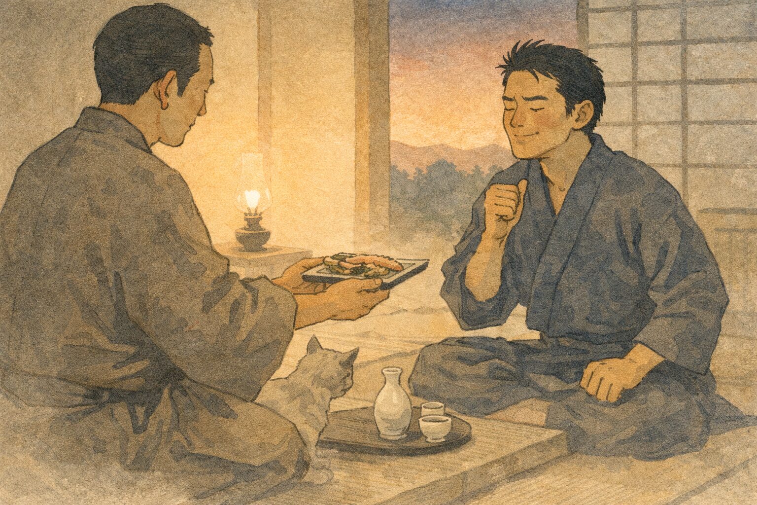 夕方の座敷で主人が猫の肴を示し男が強がってうなずく一場面