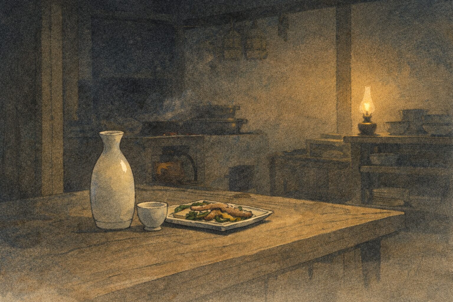 夜の台所に徳利と手つかずの肴だけが残る静かな一場面