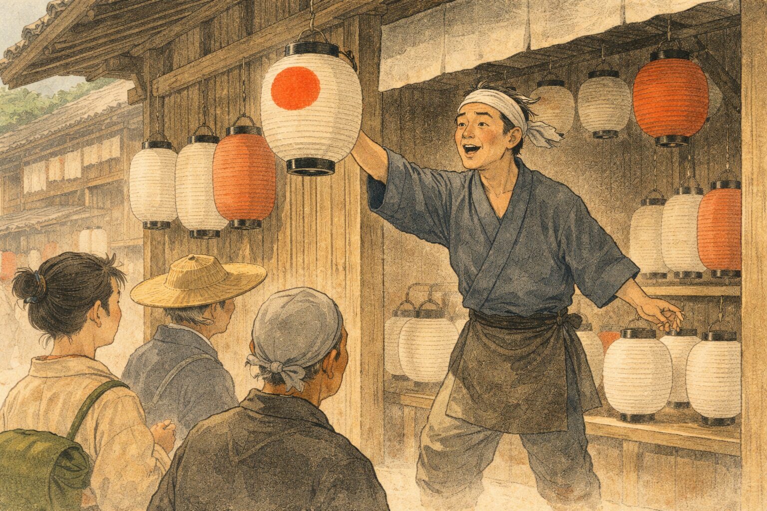 昼の往来で提灯屋の男が提灯を掲げて客へ売り声をかける一場面