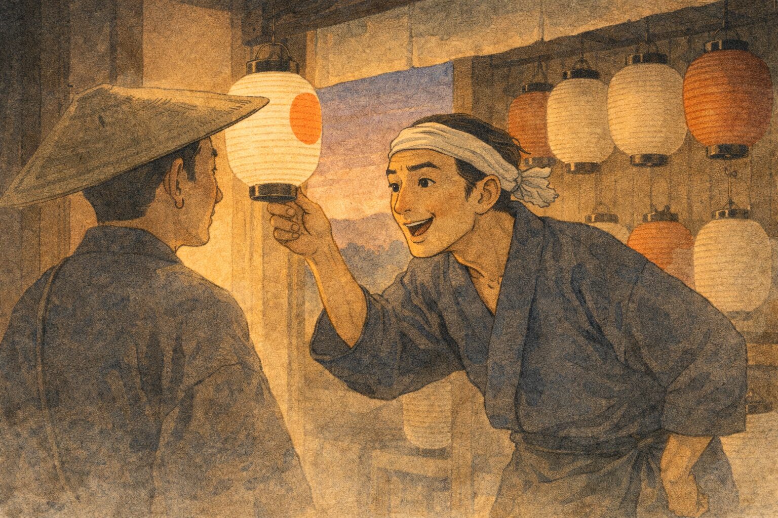 夕方の店先で提灯屋の男が客との間合いを詰めて売り込みを続ける一場面