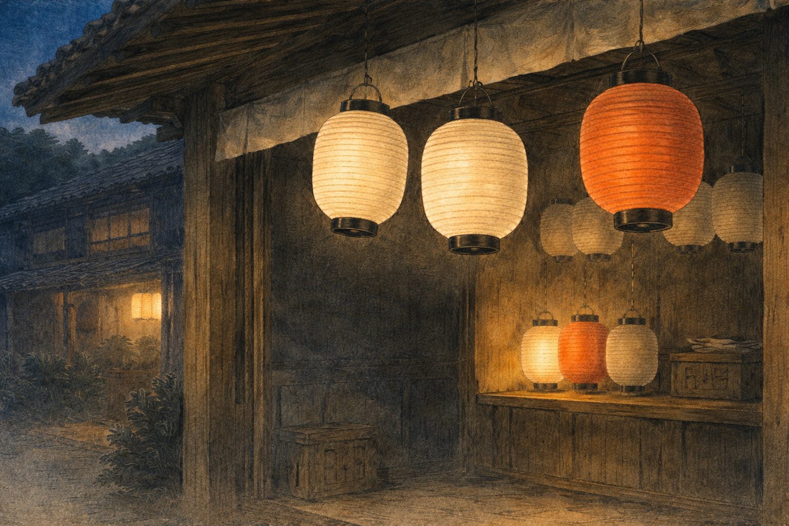 夜の軒先に売れ残りの提灯だけが静かに揺れる一場面