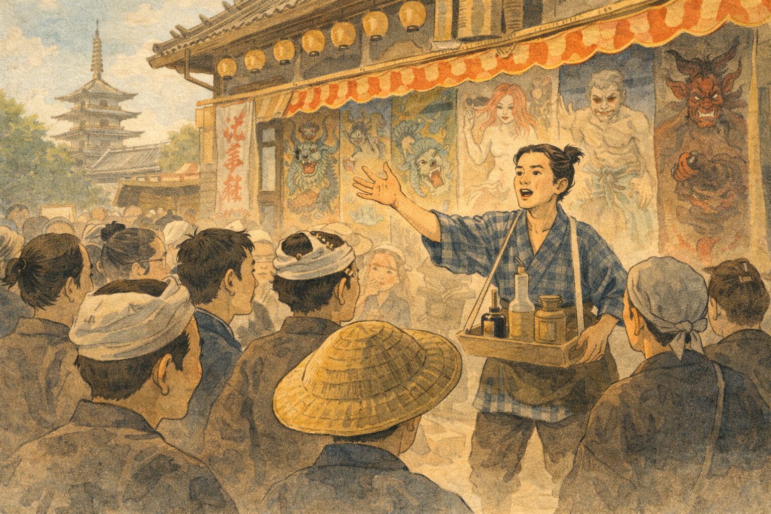 昼の浅草の見世物小屋前で若い油売りが口上を述べ人だかりができる一場面