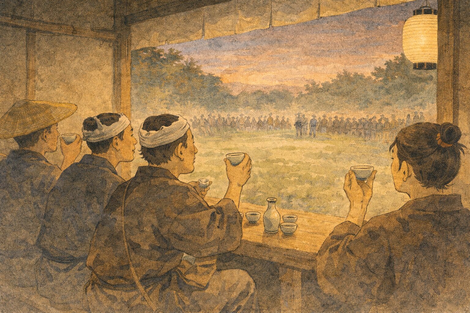 夕方の高田馬場の掛け茶屋で見物人たちが杯を重ねながら仇討ちを待つ一場面