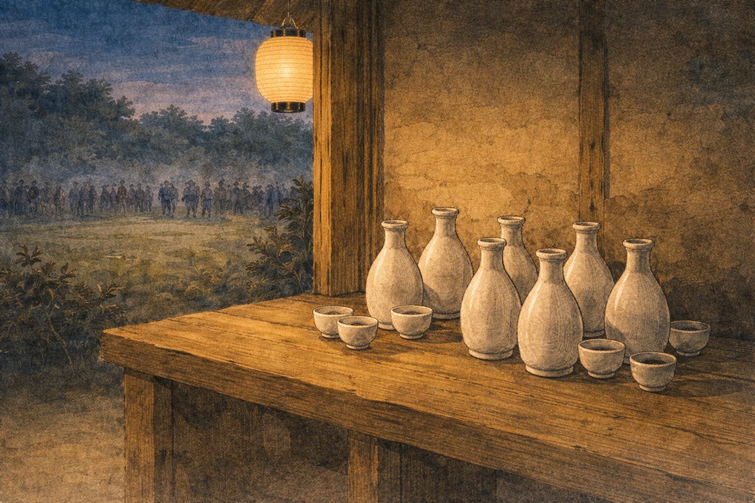 夜の茶屋の隅に空いた徳利が並び果たし合いの始まらない余韻だけが残る一場面