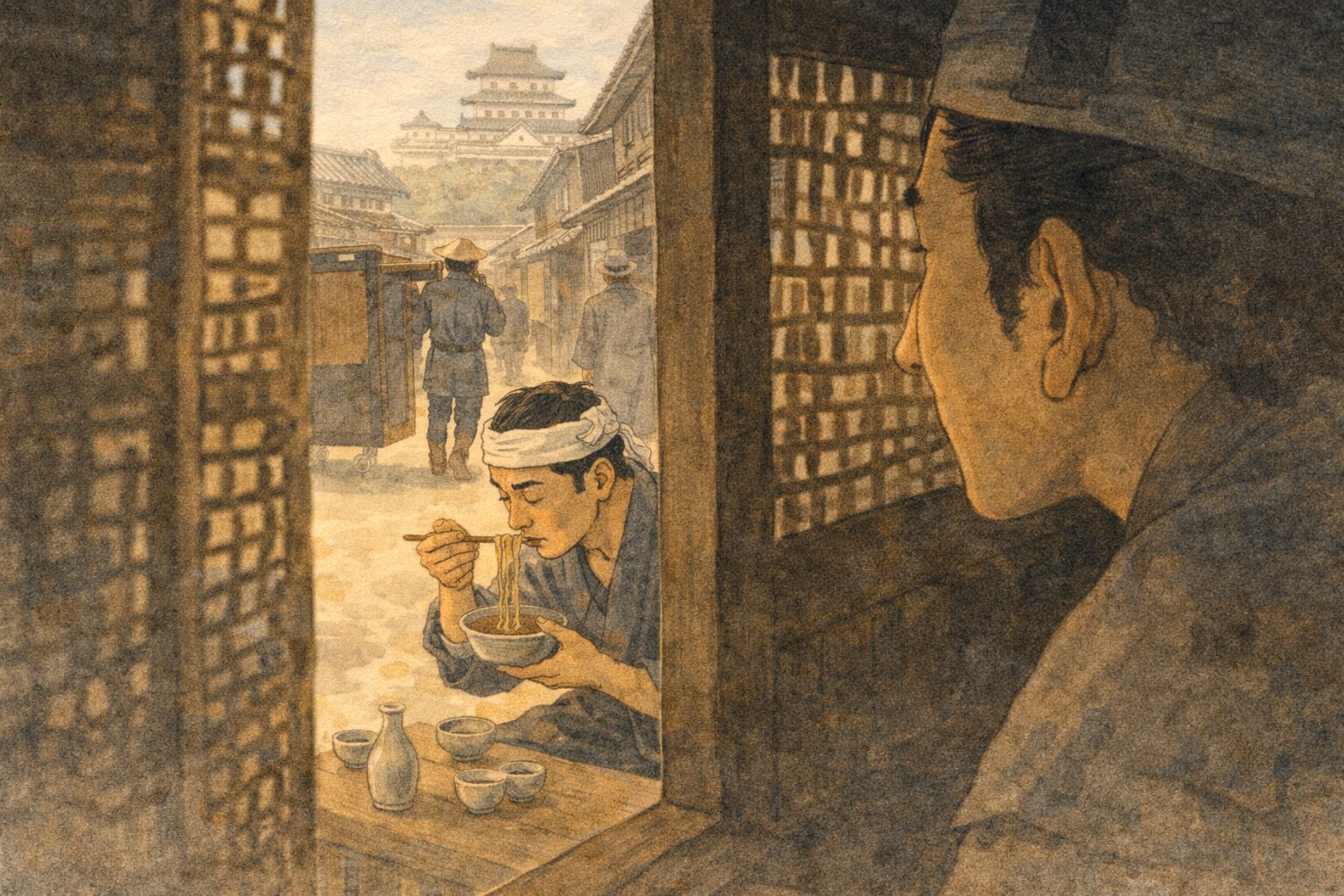 昼の城下町の通りで殿様が駕籠のすき間から町人のそばを見つめる一場面