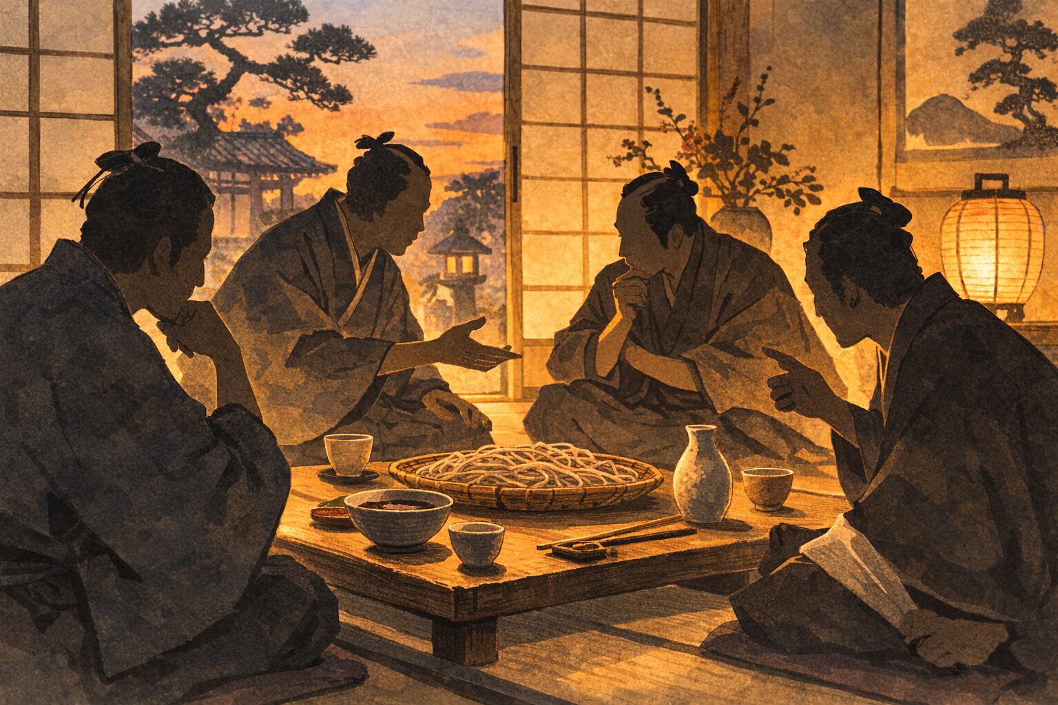 夕方の屋敷の座敷で家臣たちがそばを前に身を寄せ合って相談する一場面