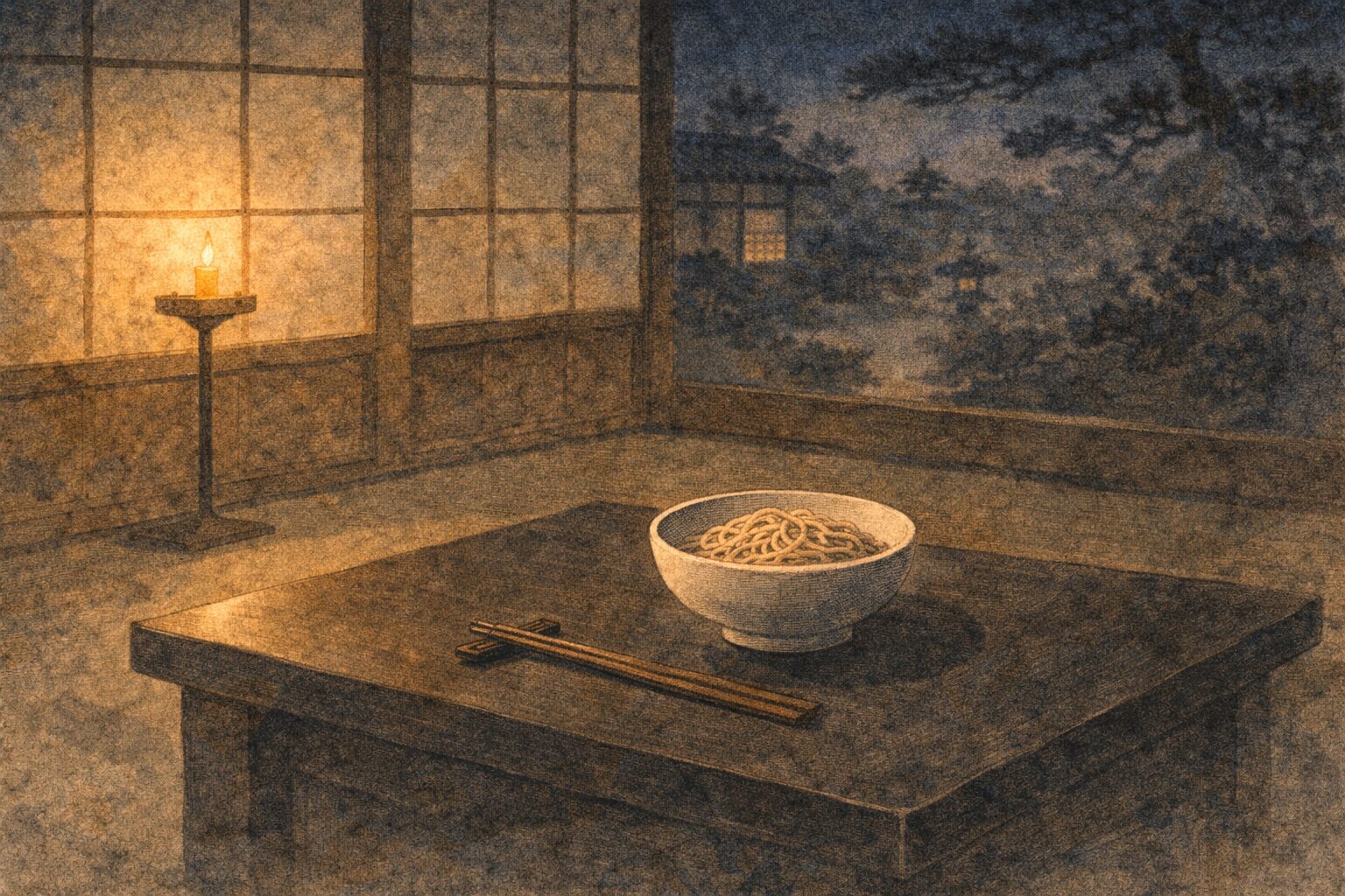 夜の膳の上に手つかずのそば椀だけが残る静かな一場面