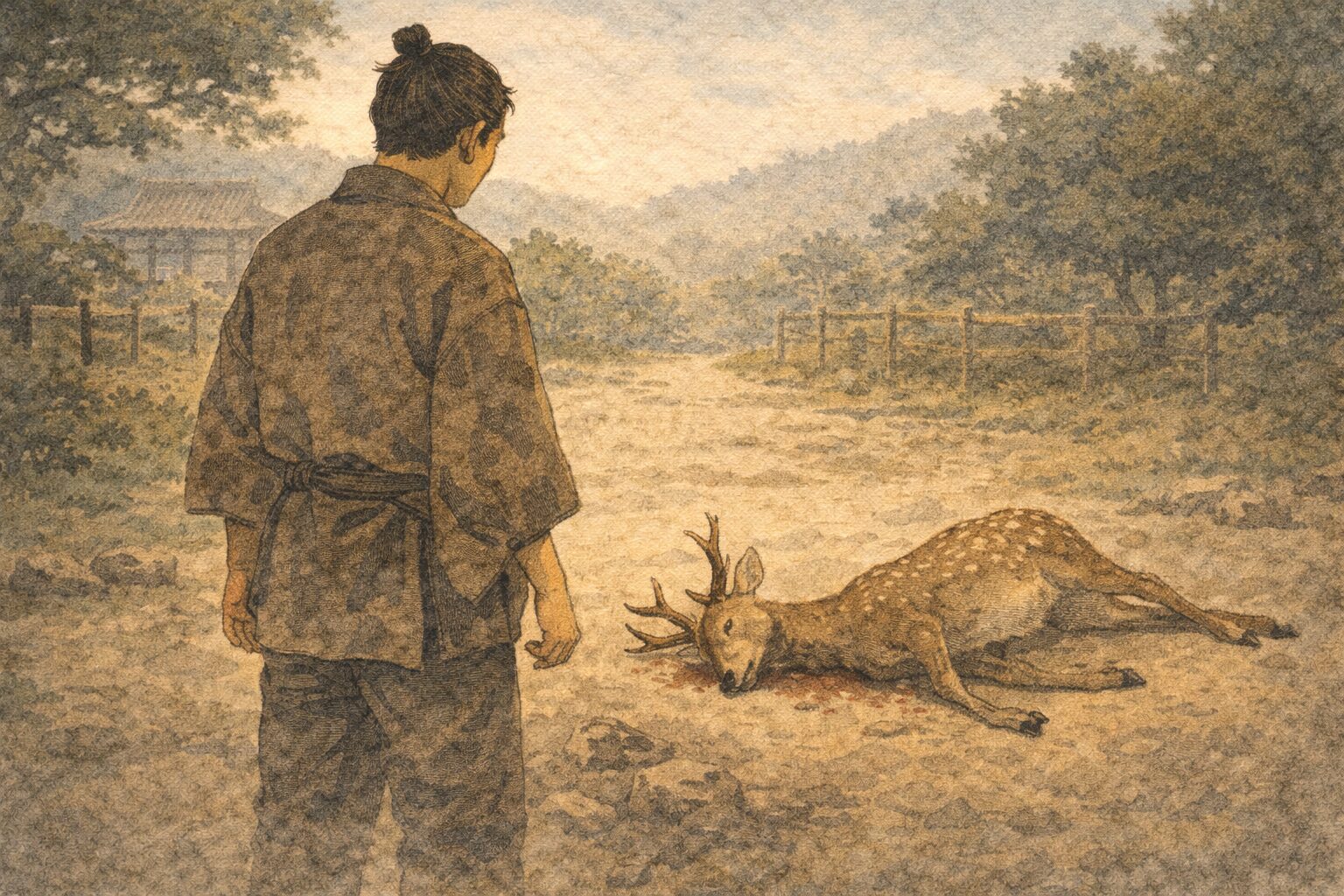 昼の奈良の町外れで男が倒れた鹿を前に立ち尽くす一場面