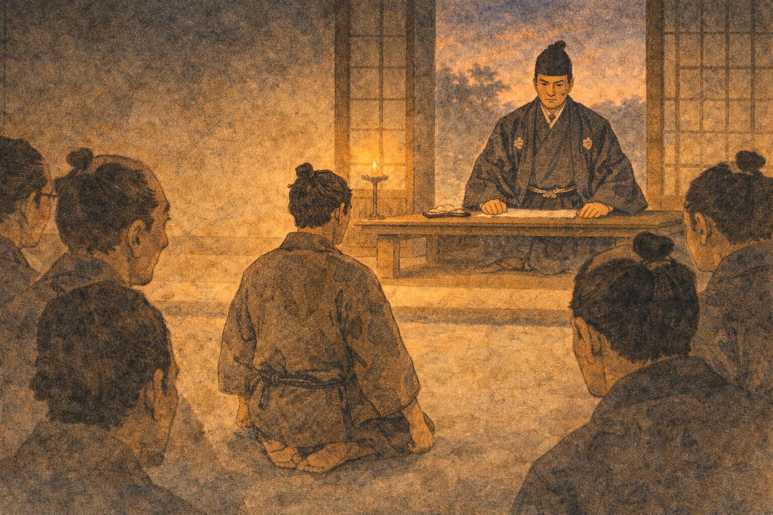 夕方のお白洲で奉行が静かに男を見据え周囲が固唾をのむ一場面