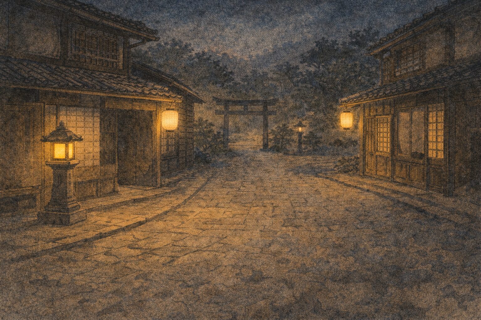 夜の奈良町の辻に鹿の姿はなく静かな灯りだけが残る一場面