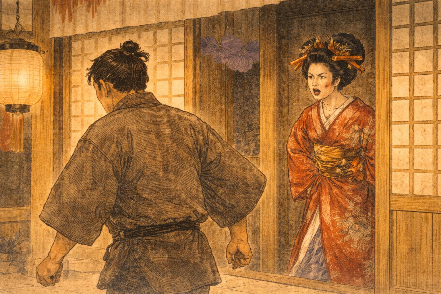 昼の吉原の見世先で男が花魁と口論になり背を向ける一場面