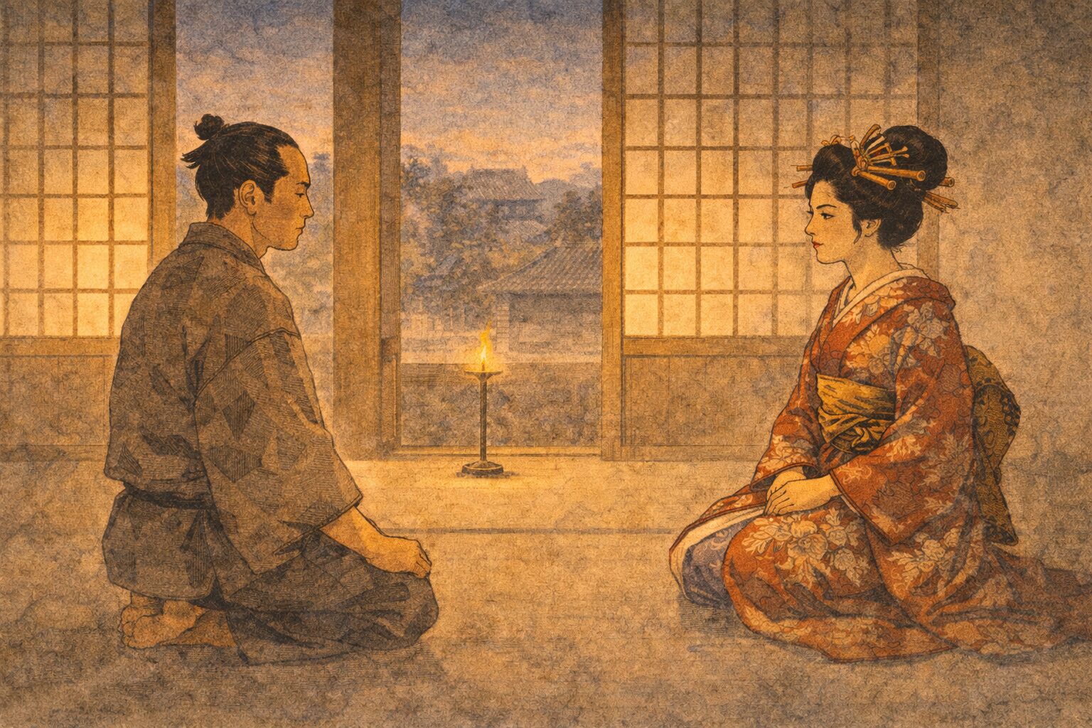 夕方の向かいの見世で男と花魁が向き合い気まずい空気が漂う一場面