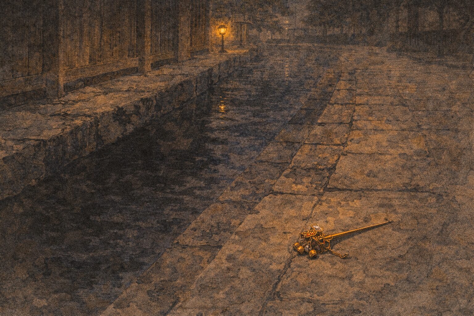 夜のお歯黒どぶのそばに落ちた簪だけが残る一場面