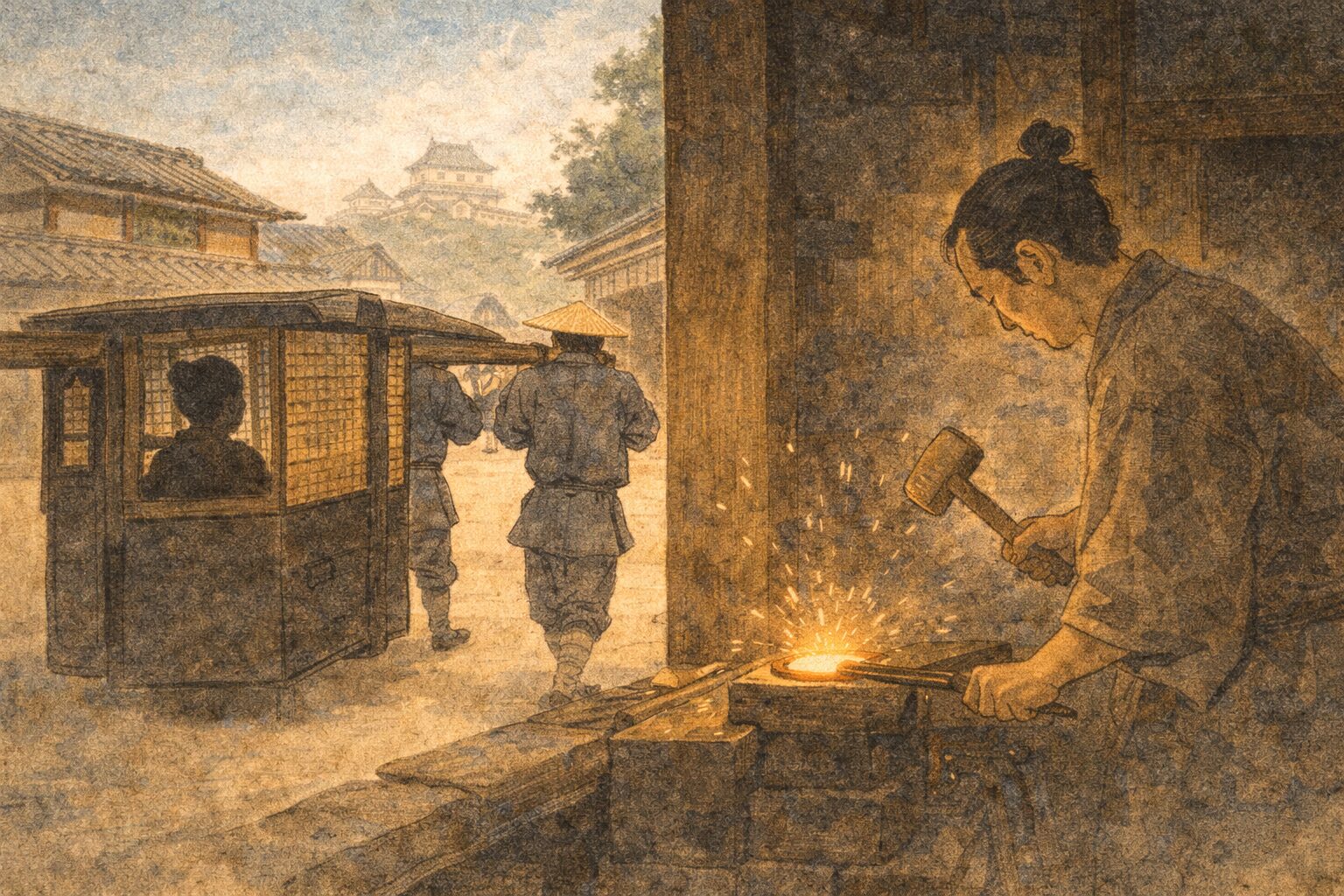 昼の城下で尾州公の駕籠が鍛冶屋の前を通り槌音が響く一場面