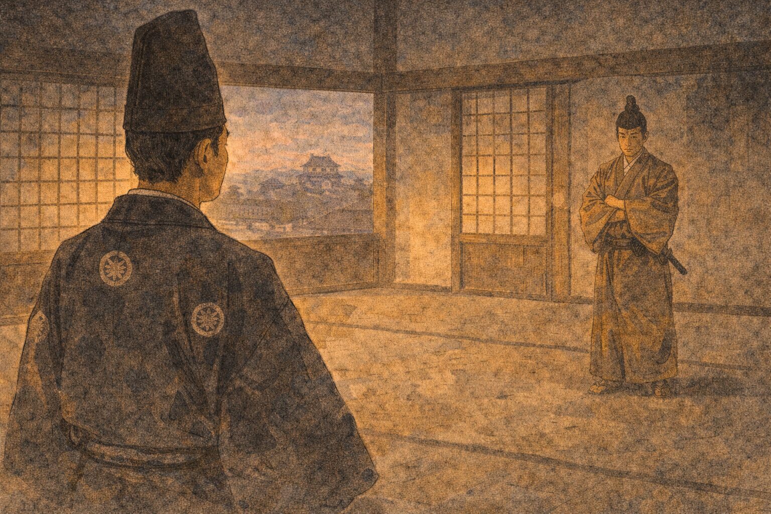 夕方の城中で尾州公が紀州公を見やり思惑が外れた気配が漂う一場面