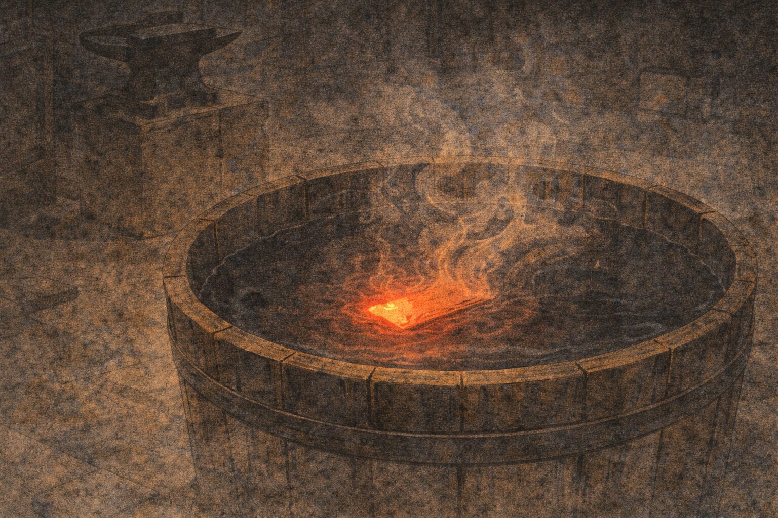 夜の鍛冶屋の水桶に赤い鉄が沈み静かな湯気だけが立つ一場面