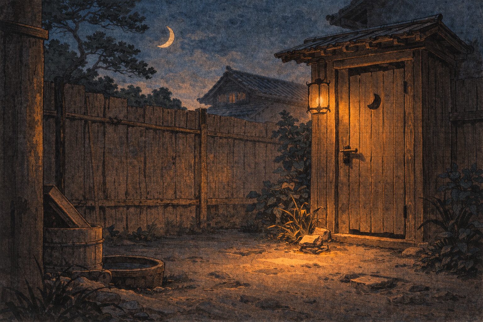 夜の路地に静かな雪隠の戸だけが残り騒ぎの気配が消えた一場面