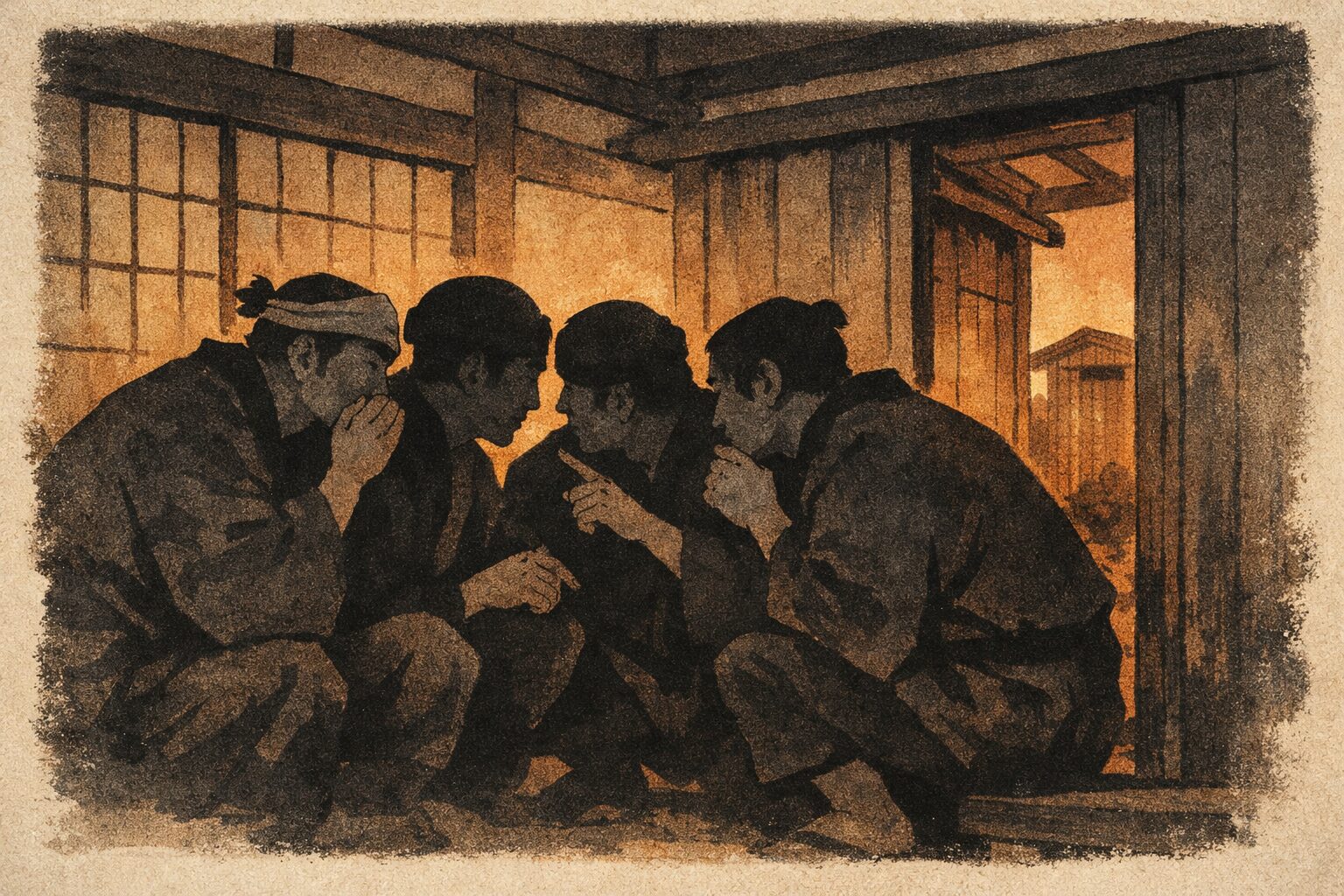 夕方の長屋の一角で男たちが身を寄せ合い雪隠をのぞく段取りを相談する一場面