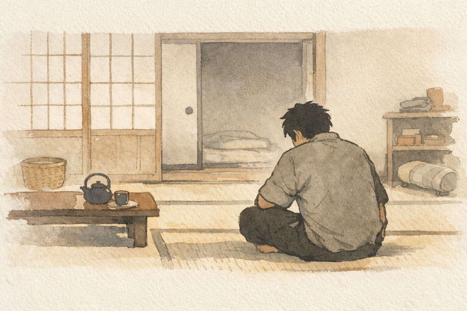 昼の長屋の茶の間で帰宅した亭主が留守の部屋を前に不機嫌そうに座る一場面