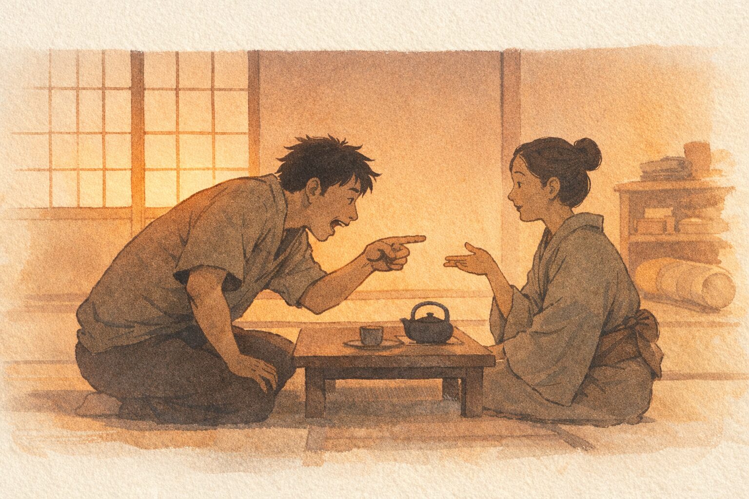 夕方の茶の間で女房が芝居の話をし亭主が身を乗り出して詰め寄る一場面