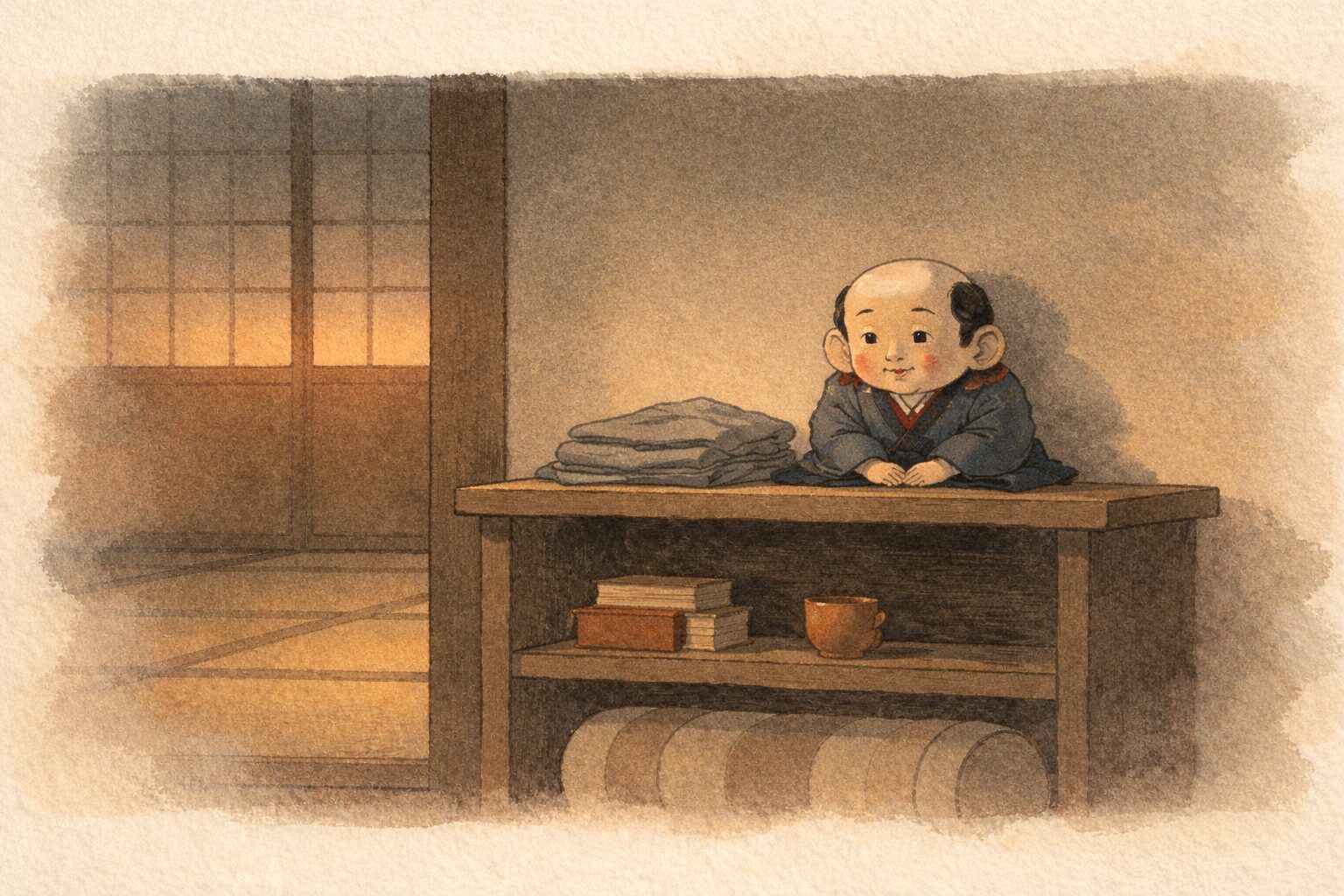 夜の茶の間の棚に福助人形だけが置かれ静かな余韻が残る一場面