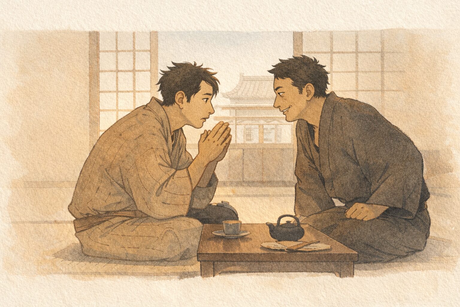 昼の大店の二階で若旦那が声色のうまい男に身代わりを頼み込む一場面