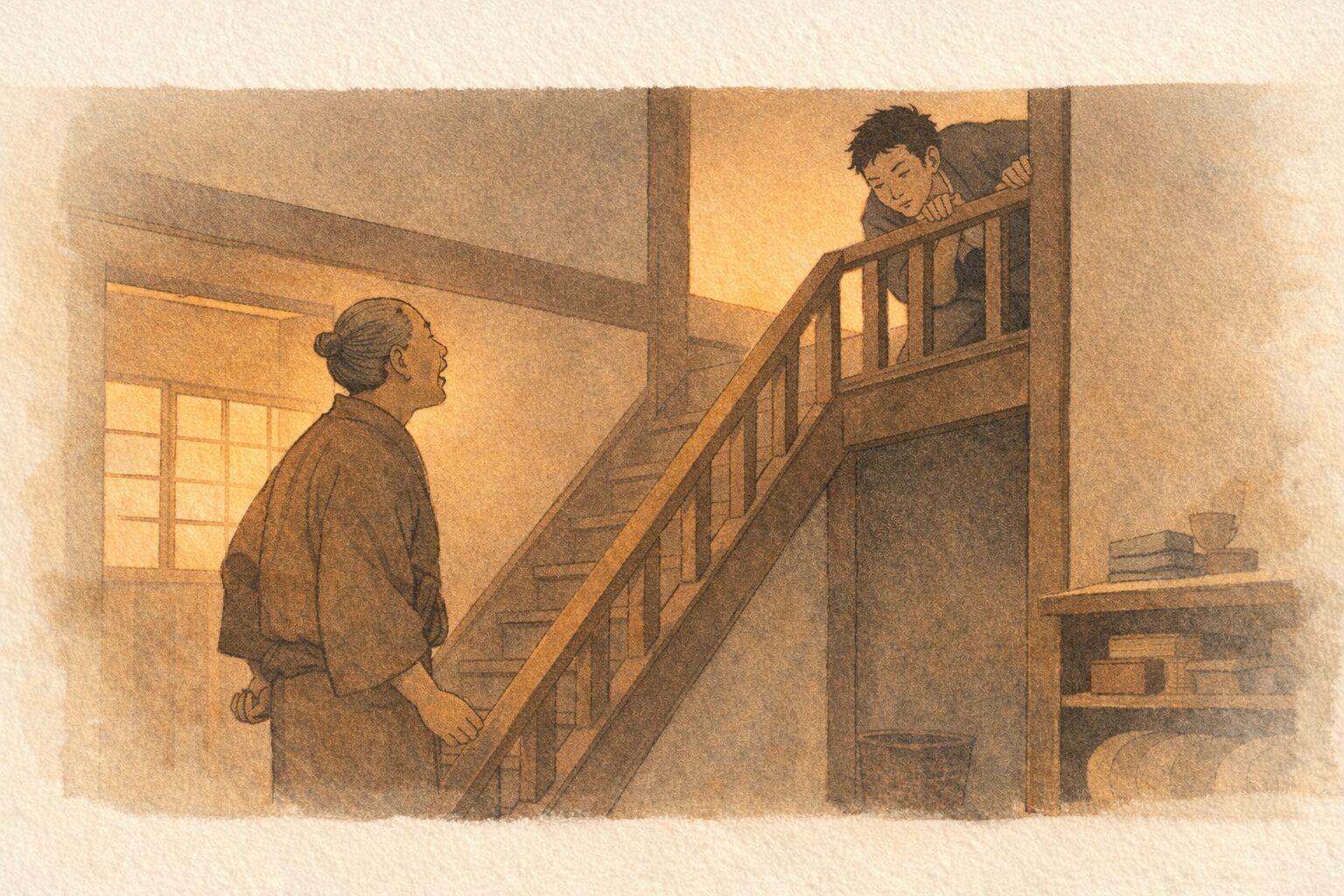 夕方の階下で父親が二階へ向かって問いかけ身代わり役が息をひそめる一場面