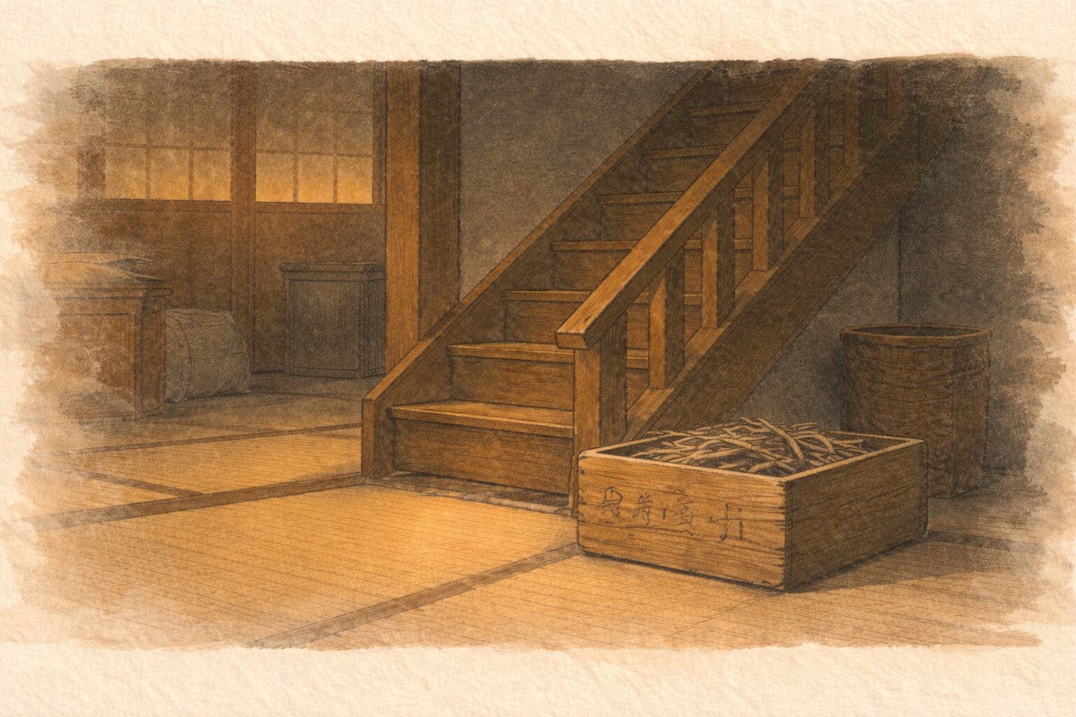 夜の階段脇に干物箱らしき木箱だけが置かれ騒ぎの余韻が残る一場面