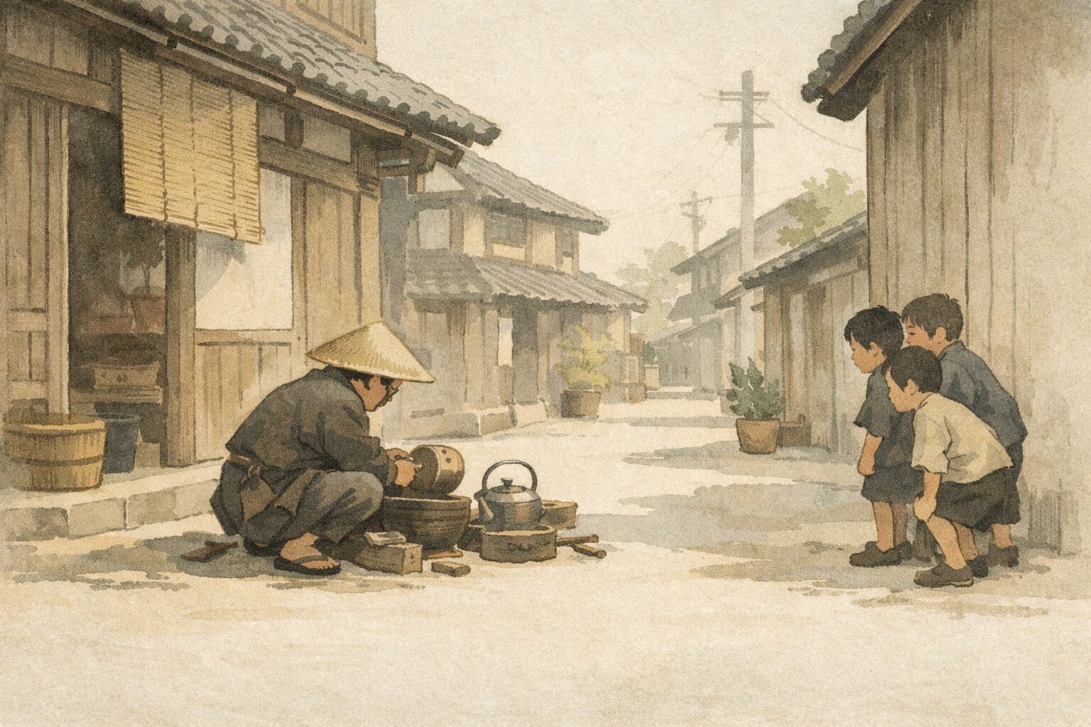 昼の路地でいかけ屋がしゃがみ込み、子どもたちが離れた位置から様子をうかがう一場面