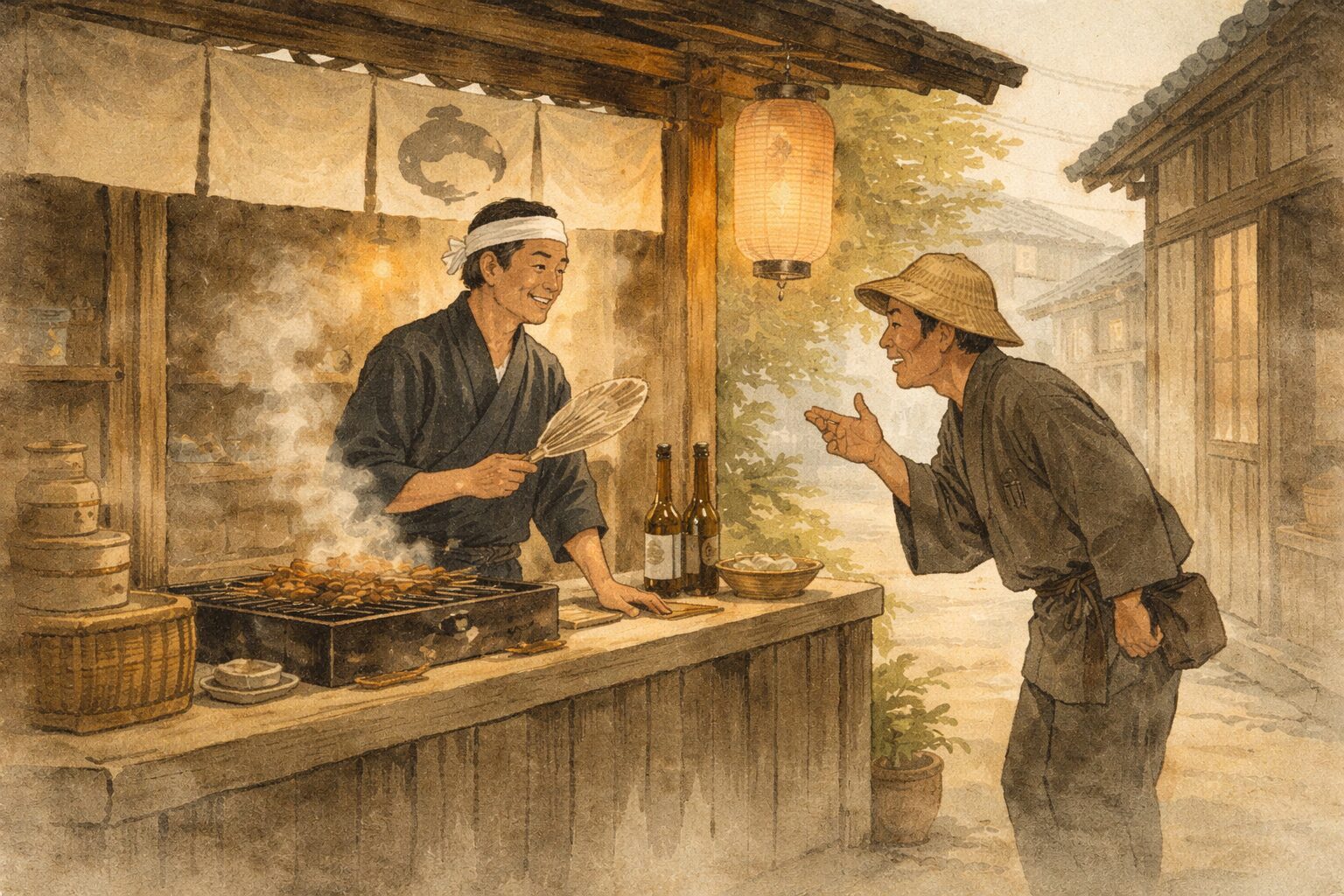 夕方の半屋外で鰻屋が立ったまま客あしらいをし、通りの人が横から口をはさむ一場面