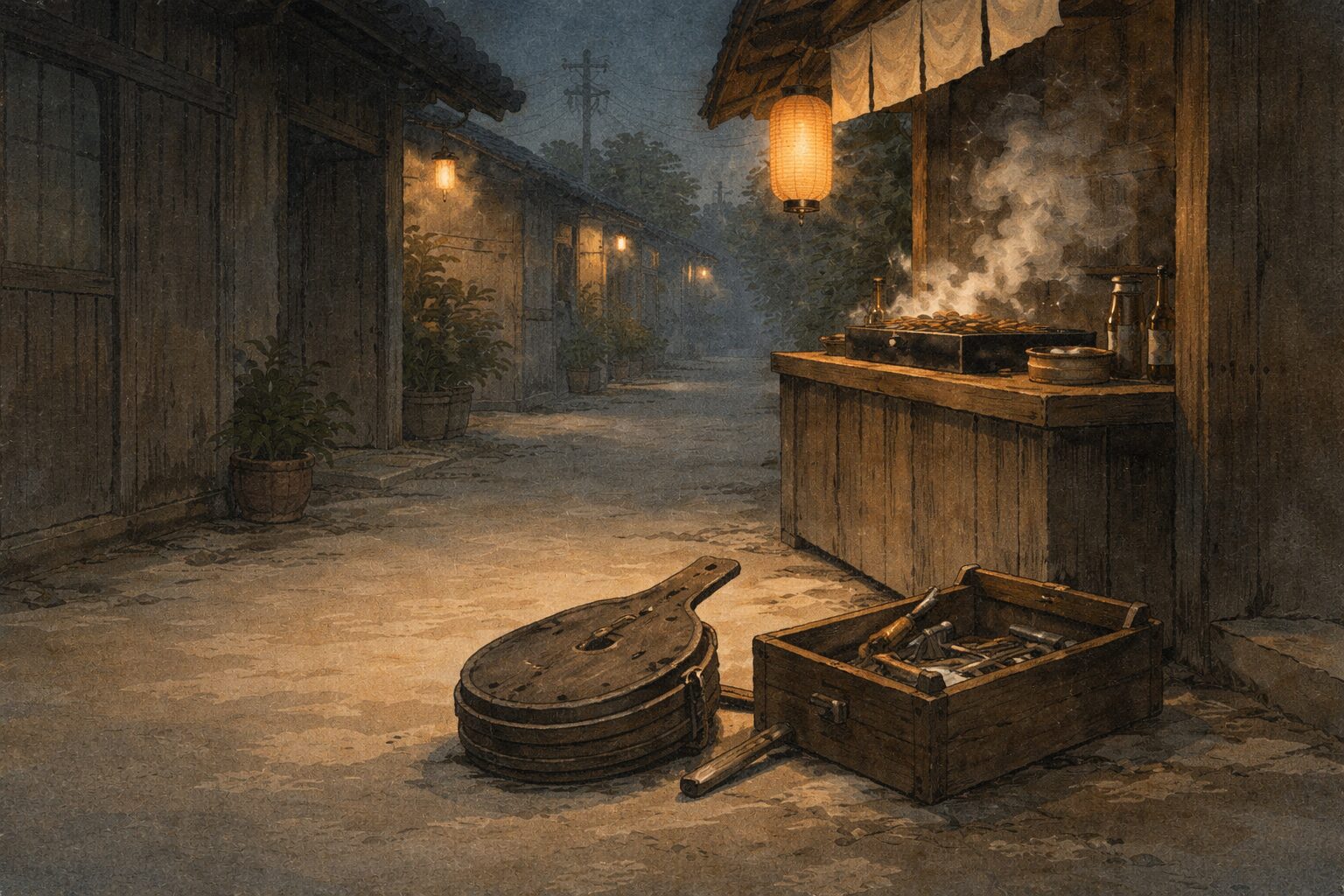 夜の路地の屋台脇にふいごと道具箱だけが残り、騒ぎの余韻が漂う一場面