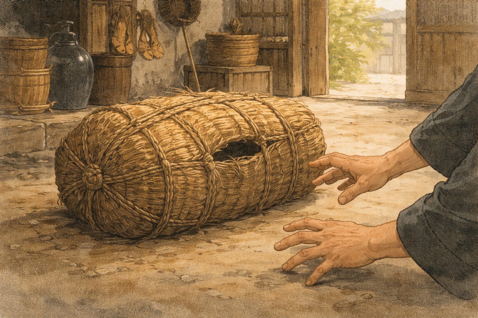 昼の土間で俵を前に家人の手元が伸び、中に隠れた気配が張りつめる一場面