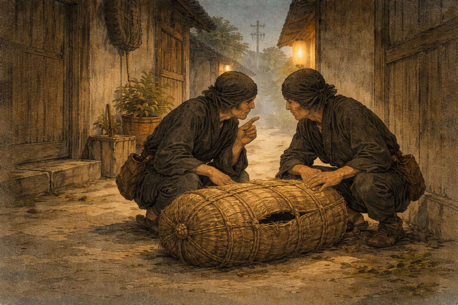 夕方の路地裏で泥棒ふたりが俵を挟み、ひそひそと段取りを相談する一場面