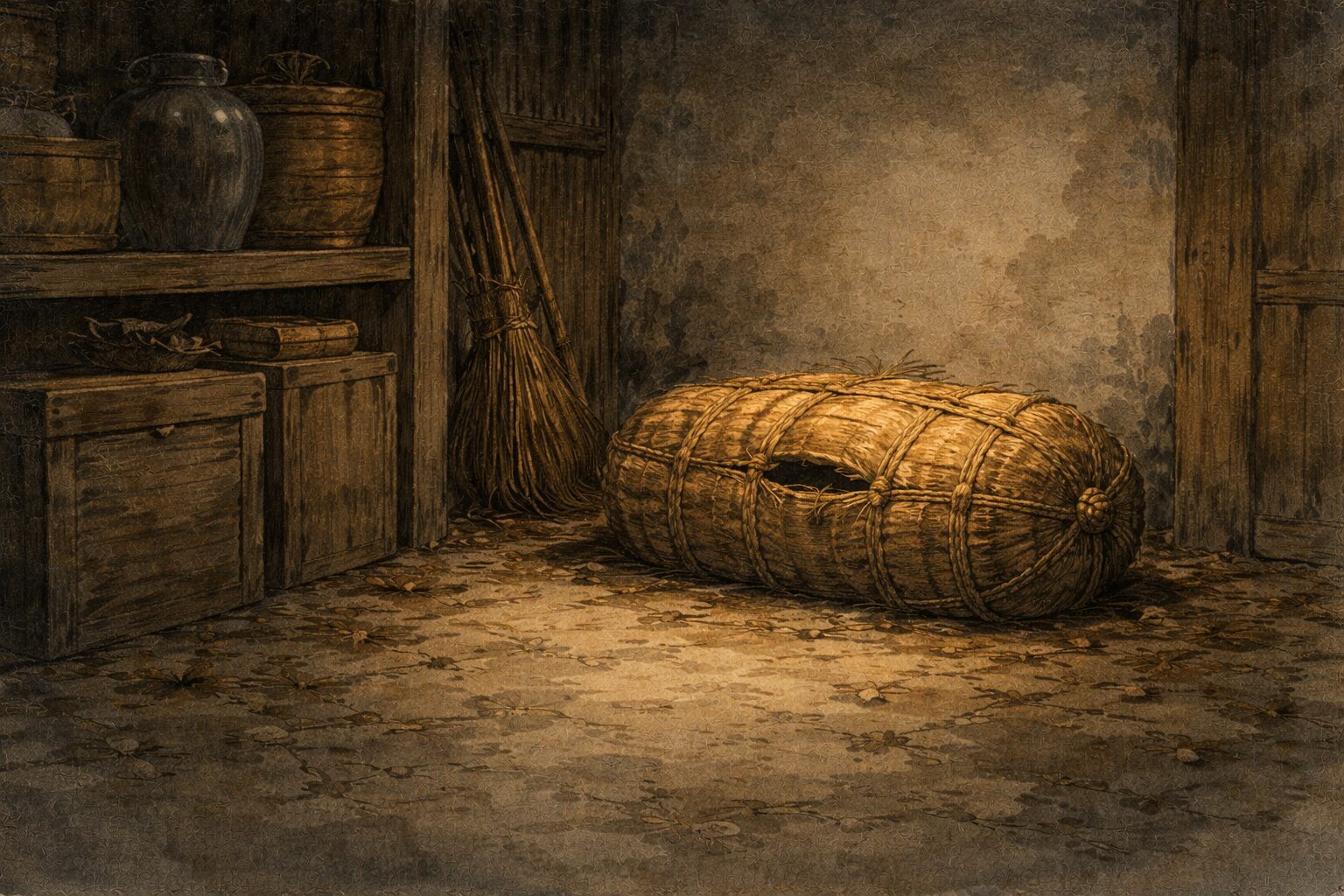 夜の納屋の隅に俵だけが取り残され、騒ぎのあとの気まずさが漂う一場面