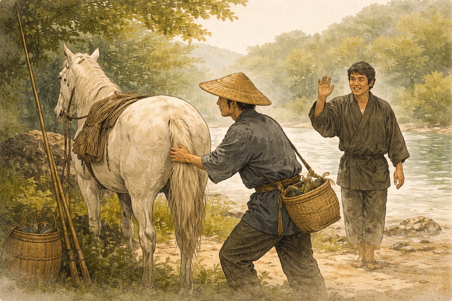昼の川辺近くで釣り支度の男が白馬の尾に手を伸ばし、背後から友人が声をかける一場面