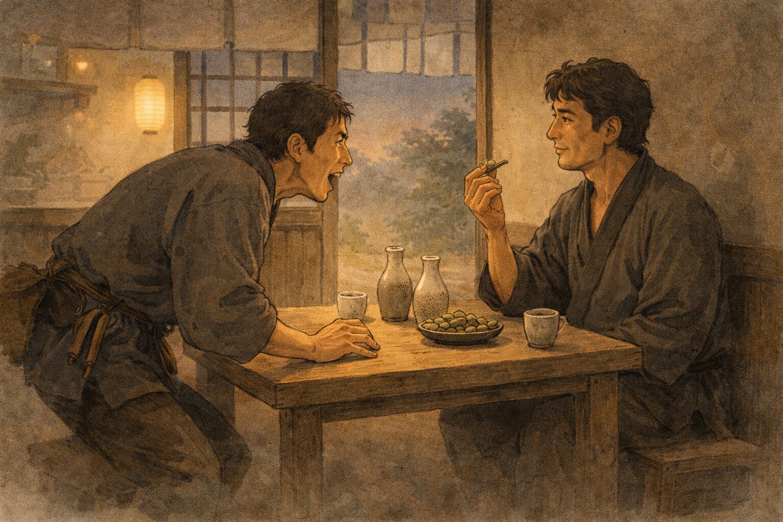 夕方の居酒屋の小卓で男が身を乗り出して答えを催促し、友人が枝豆をつまみながら平然としている一場面