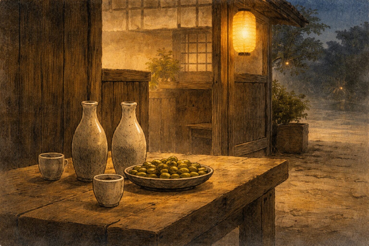 夜の店先に空いた徳利と枝豆の殻だけが残り、長くじらされたあとの脱力感が漂う一場面