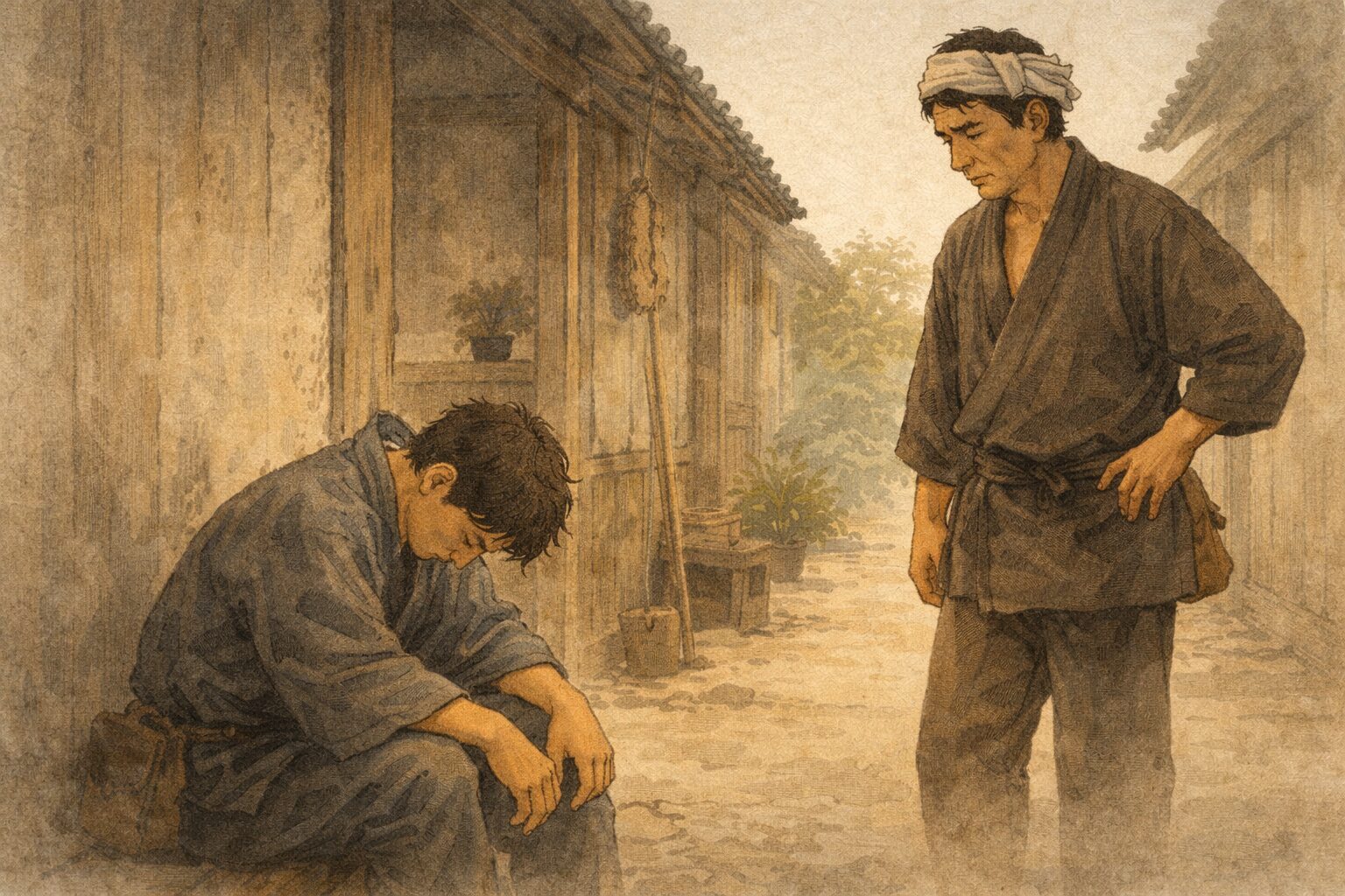 昼の長屋の片隅で八五郎がうなだれ、兄貴分があきれ顔で見下ろす一場面