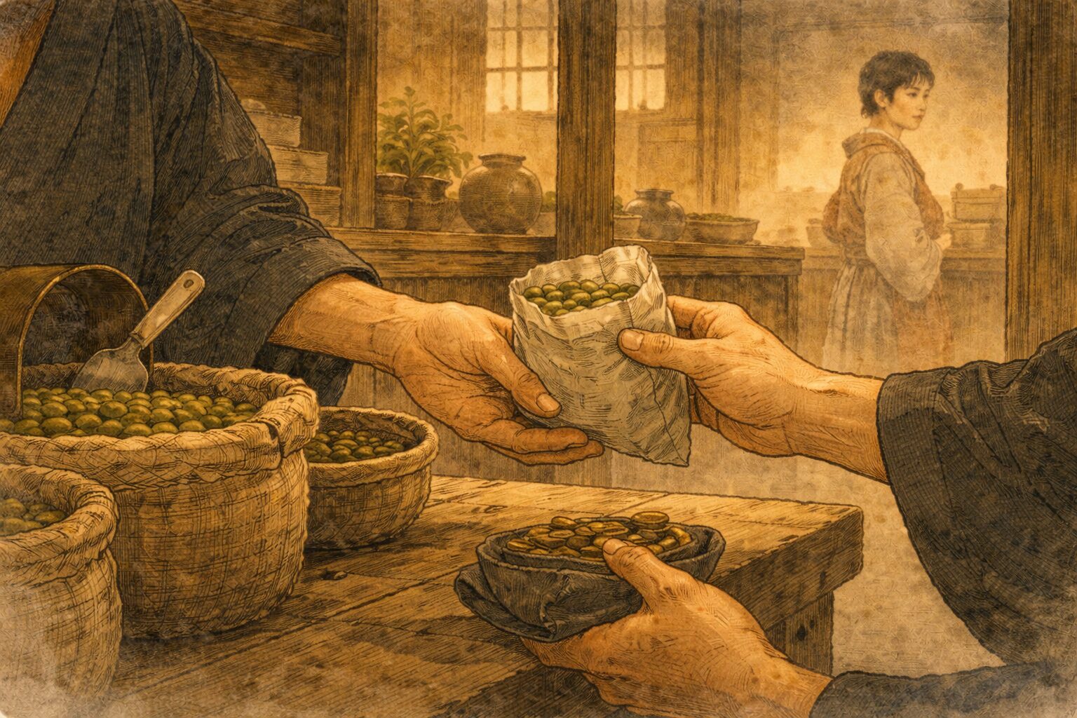夕方の店先で豆を買う男の手元と、奥にちらりと見える娘の気配だけを描いた一場面