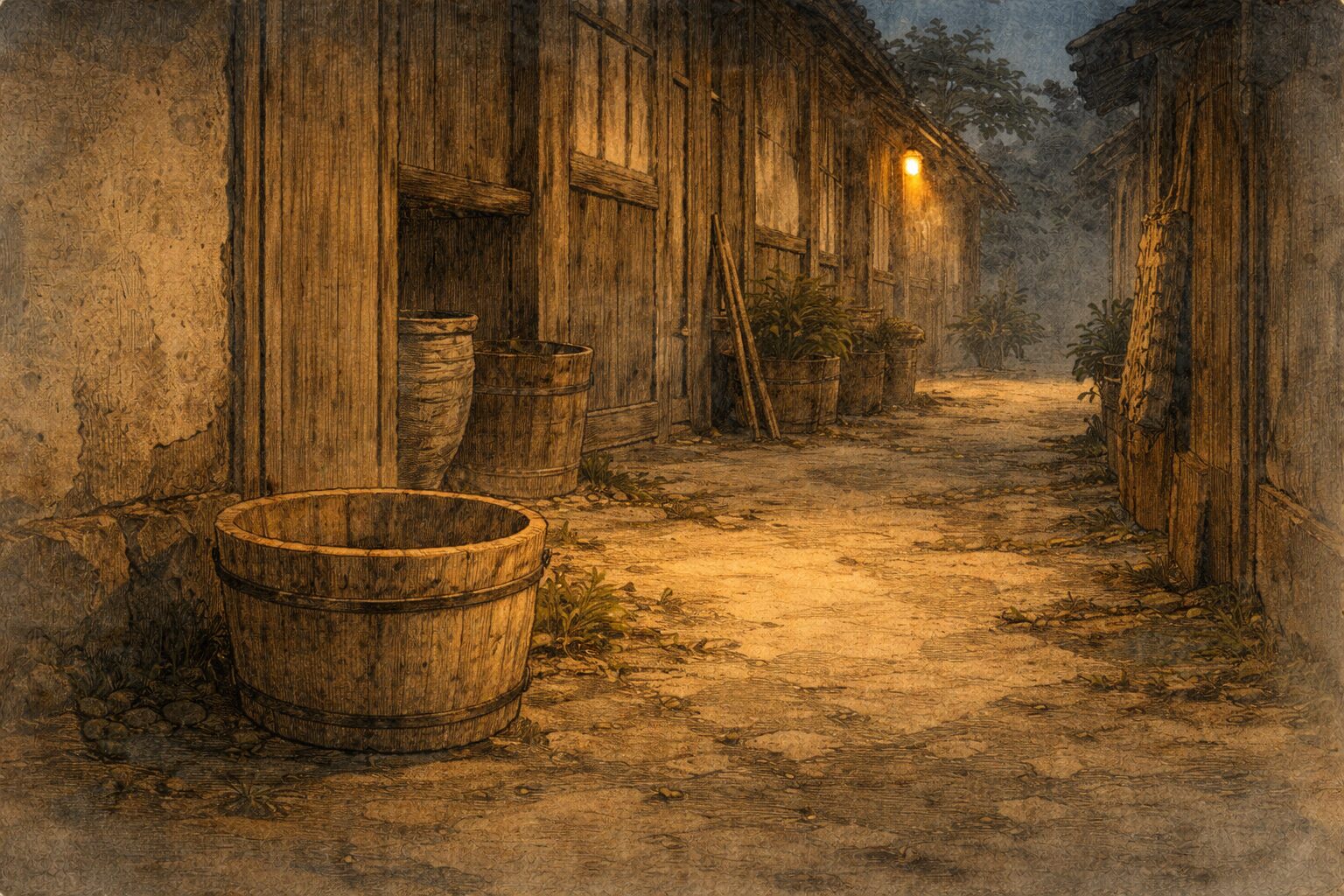 夜の長屋の裏手に空の桶だけが置かれ、まずい顛末のあとだけが残る一場面