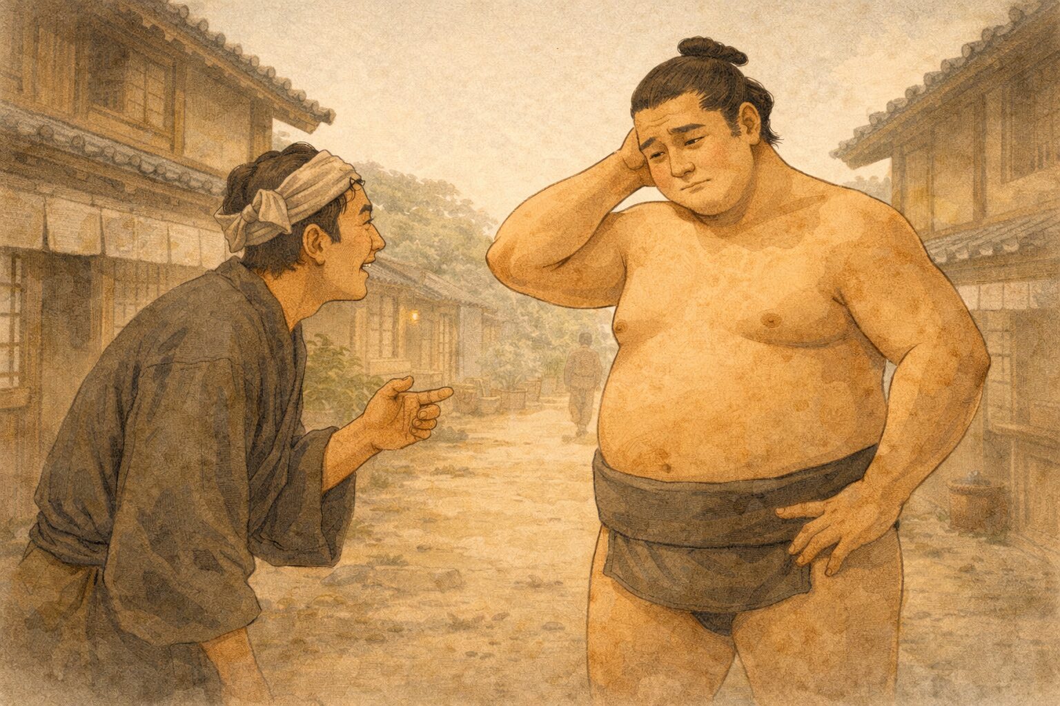 昼の往来で町人が関取に戦績をたずね、関取が気まずそうに答える一場面