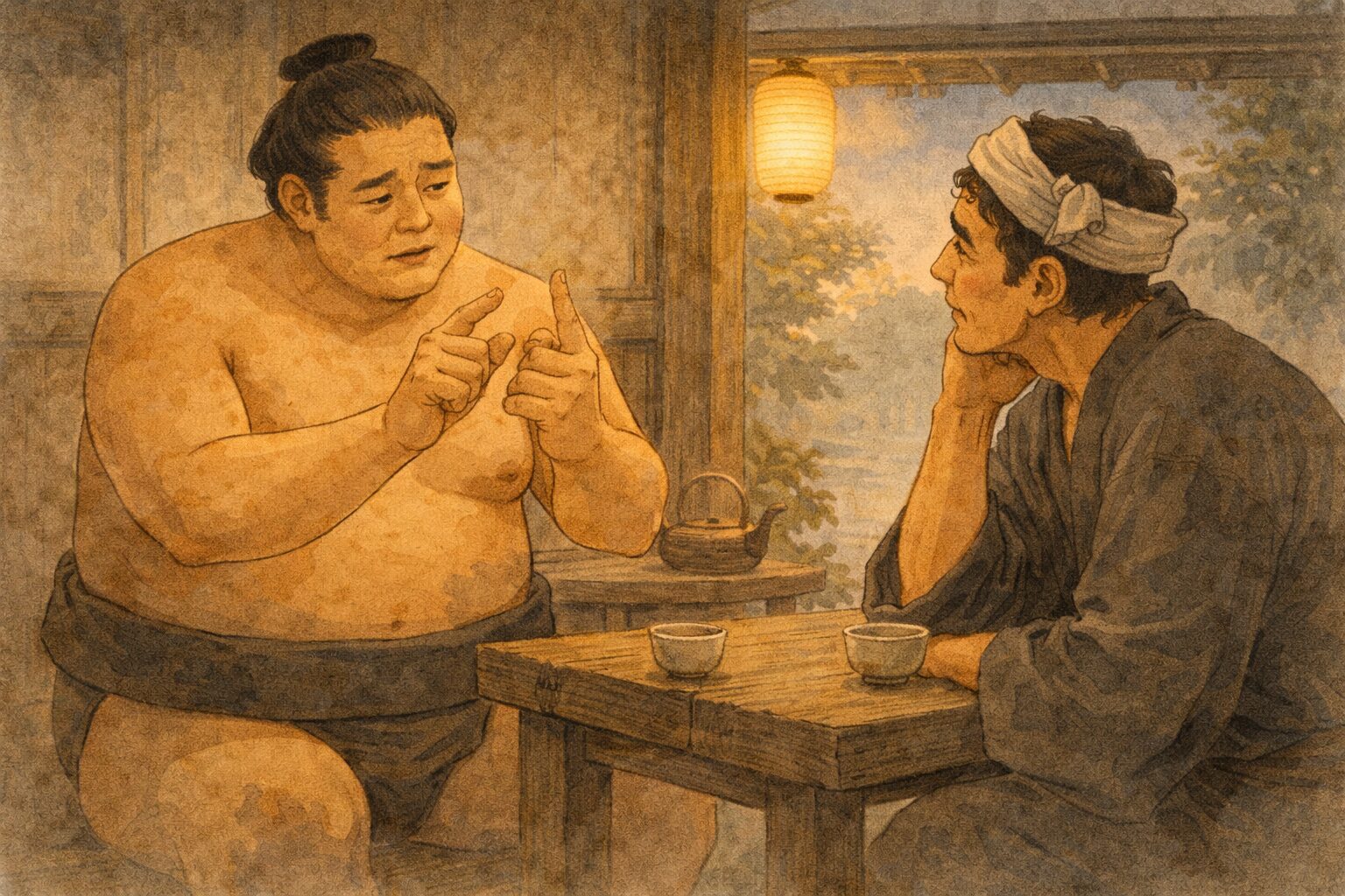 夕方の茶店で関取が指を折って取り組みを説明し、向かいの男が首をかしげる一場面