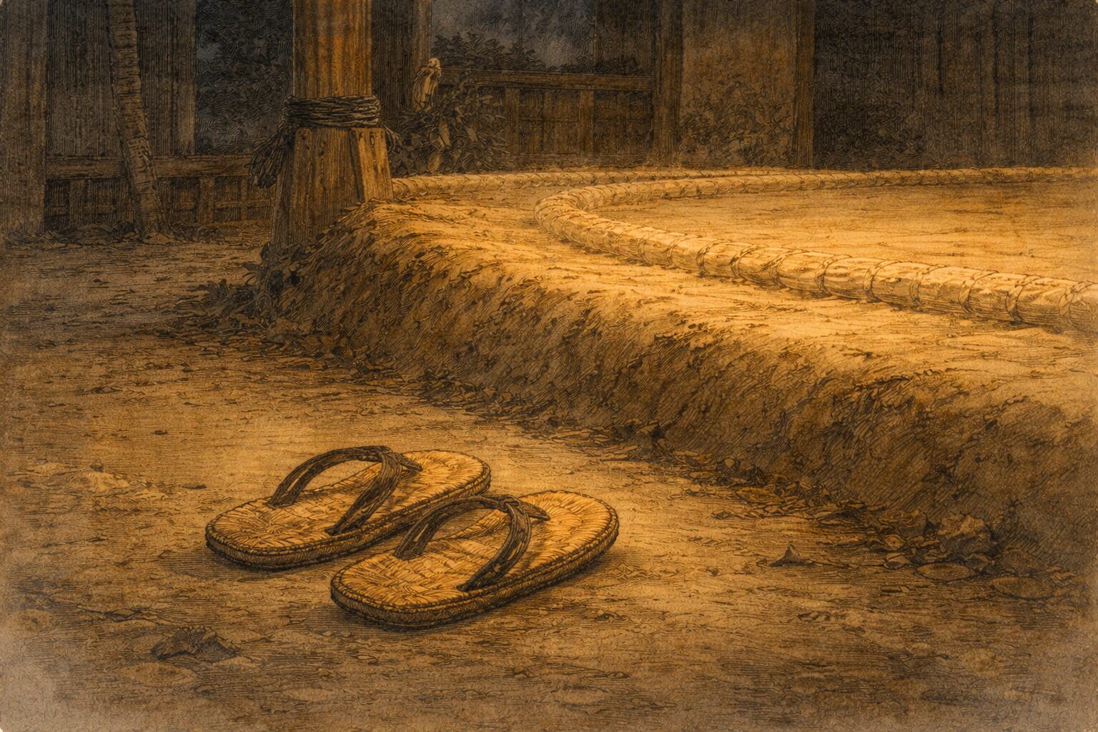 夜の土俵脇に草履だけが残り、全敗のあとらしい静かな余韻が漂う一場面