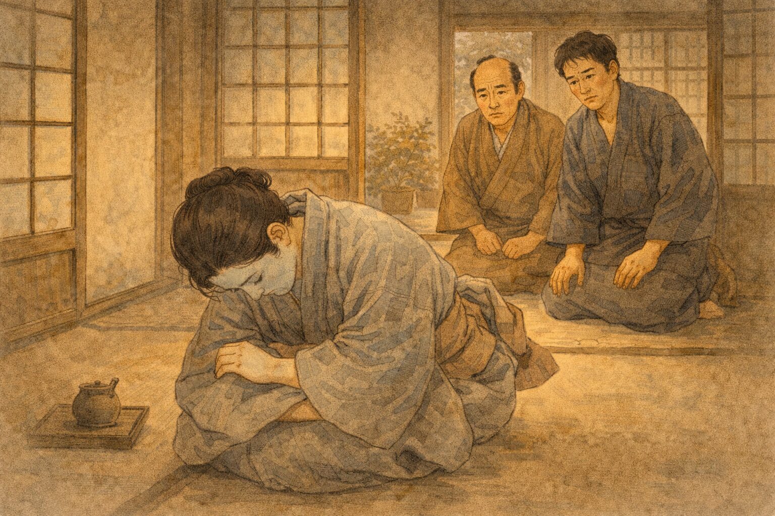 昼の商家の座敷で後妻が青ざめて伏し、主人と店の者が心配そうに見守る一場面