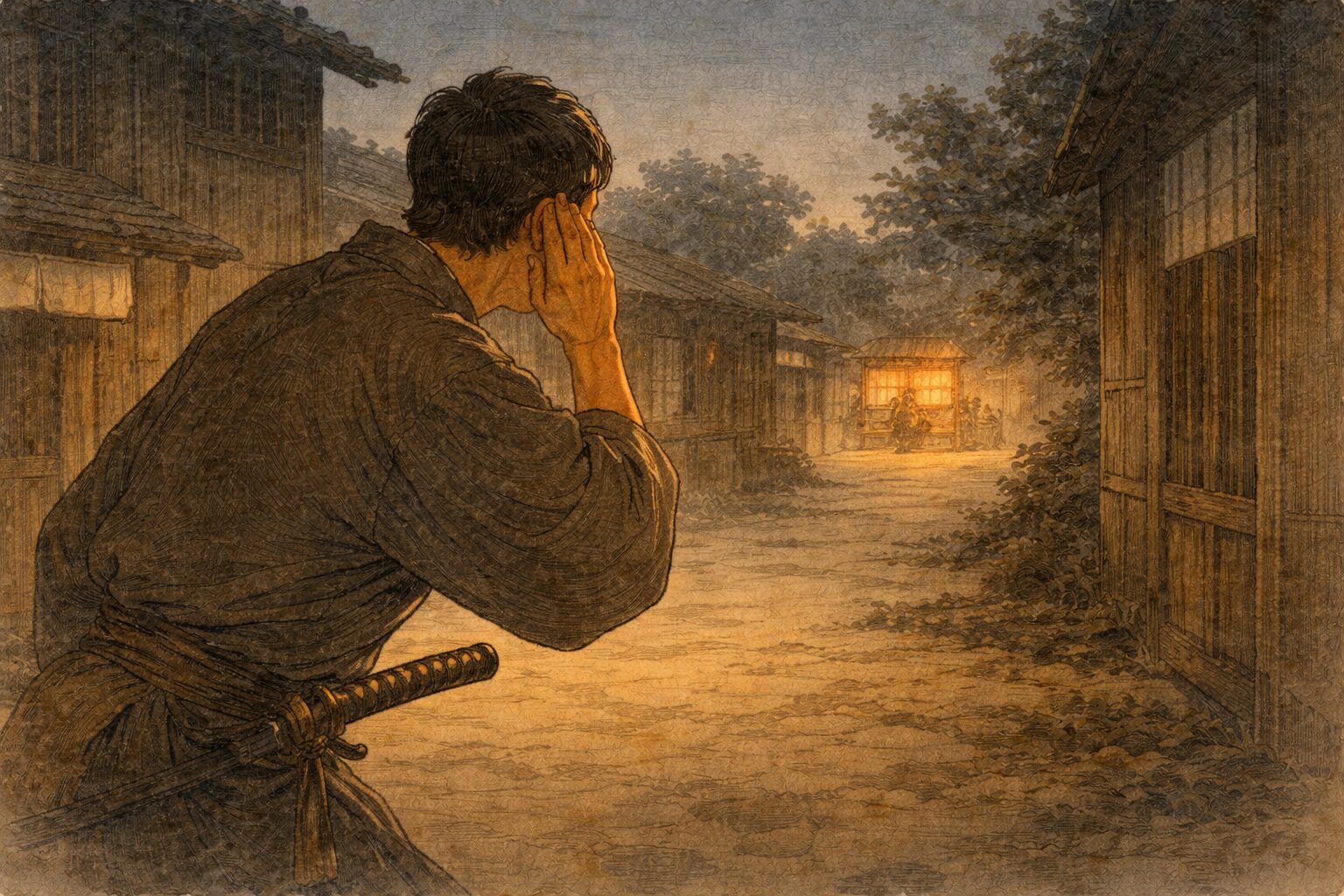 夕方の辻で刀を差した男が物音に耳を澄まし、遠くの夜鳴き屋台の灯りをうかがう一場面