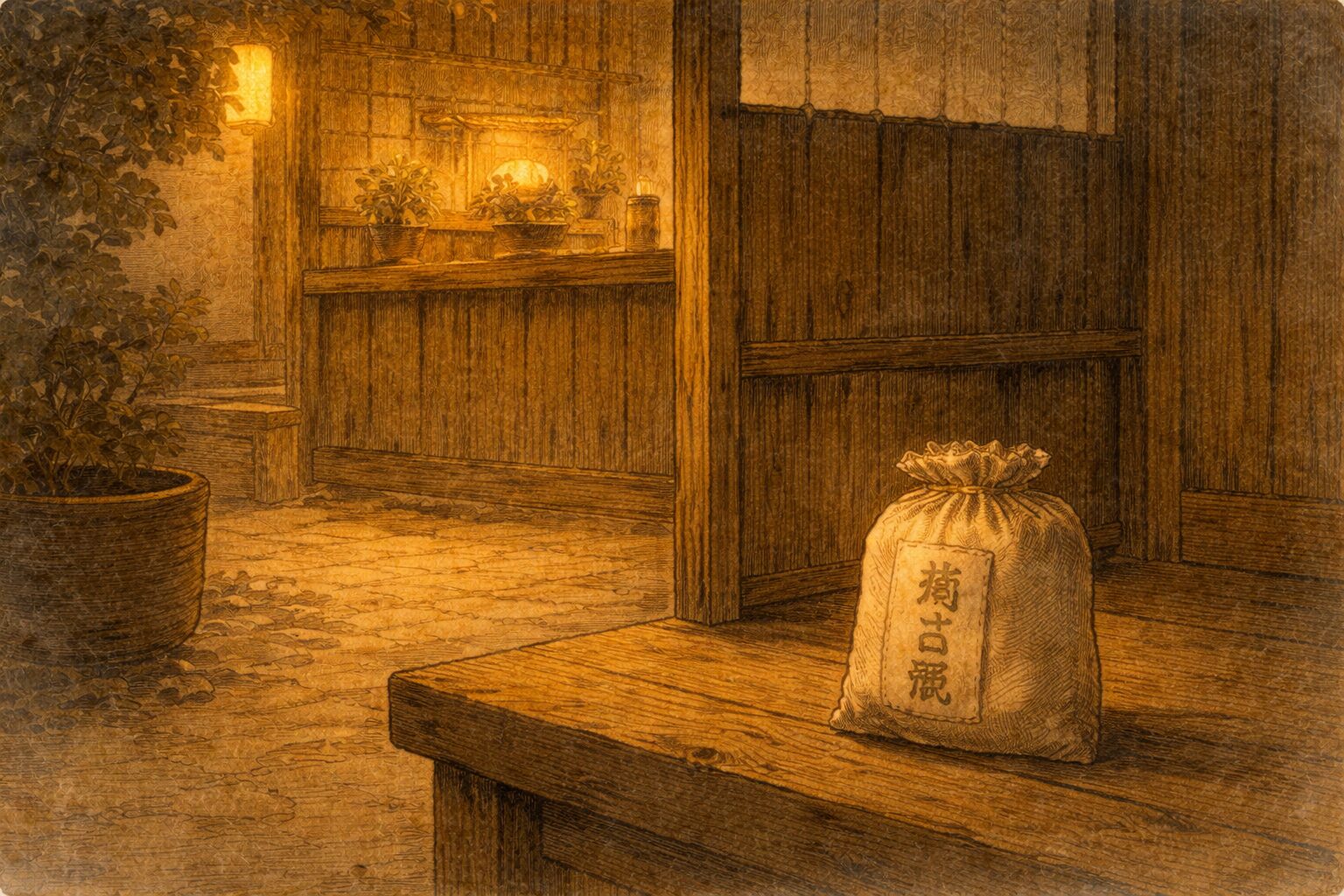 夜の店先に蕎麦粉の袋だけが残り、怪談が笑いに変わった余韻が漂う一場面