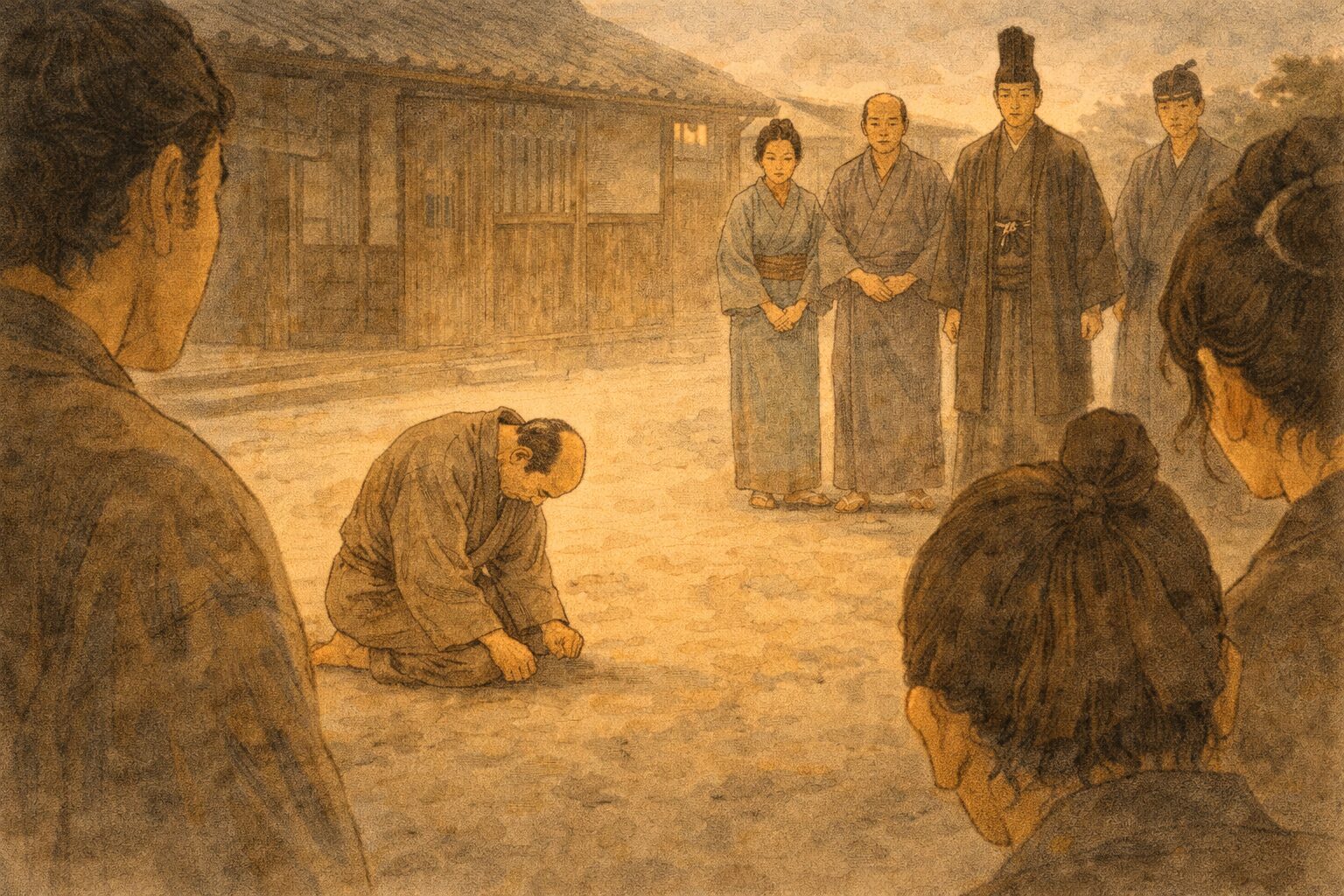 夕方の白洲の前で主人がうなだれ、周囲の人々が固唾をのんで見守る一場面