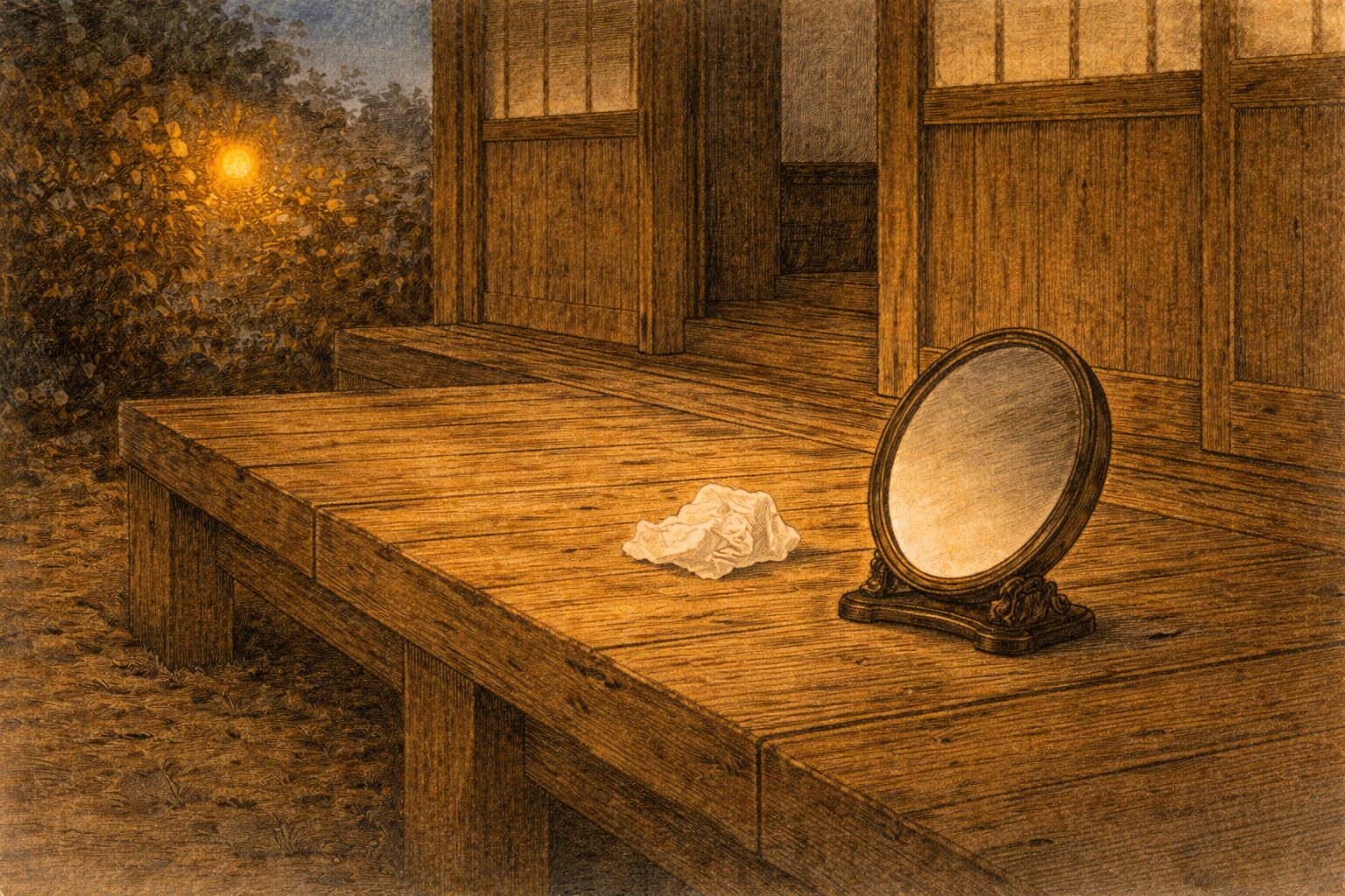 夜の商家の縁側に鏡と小さな鼻紙だけが残り、乾いた余韻が漂う一場面